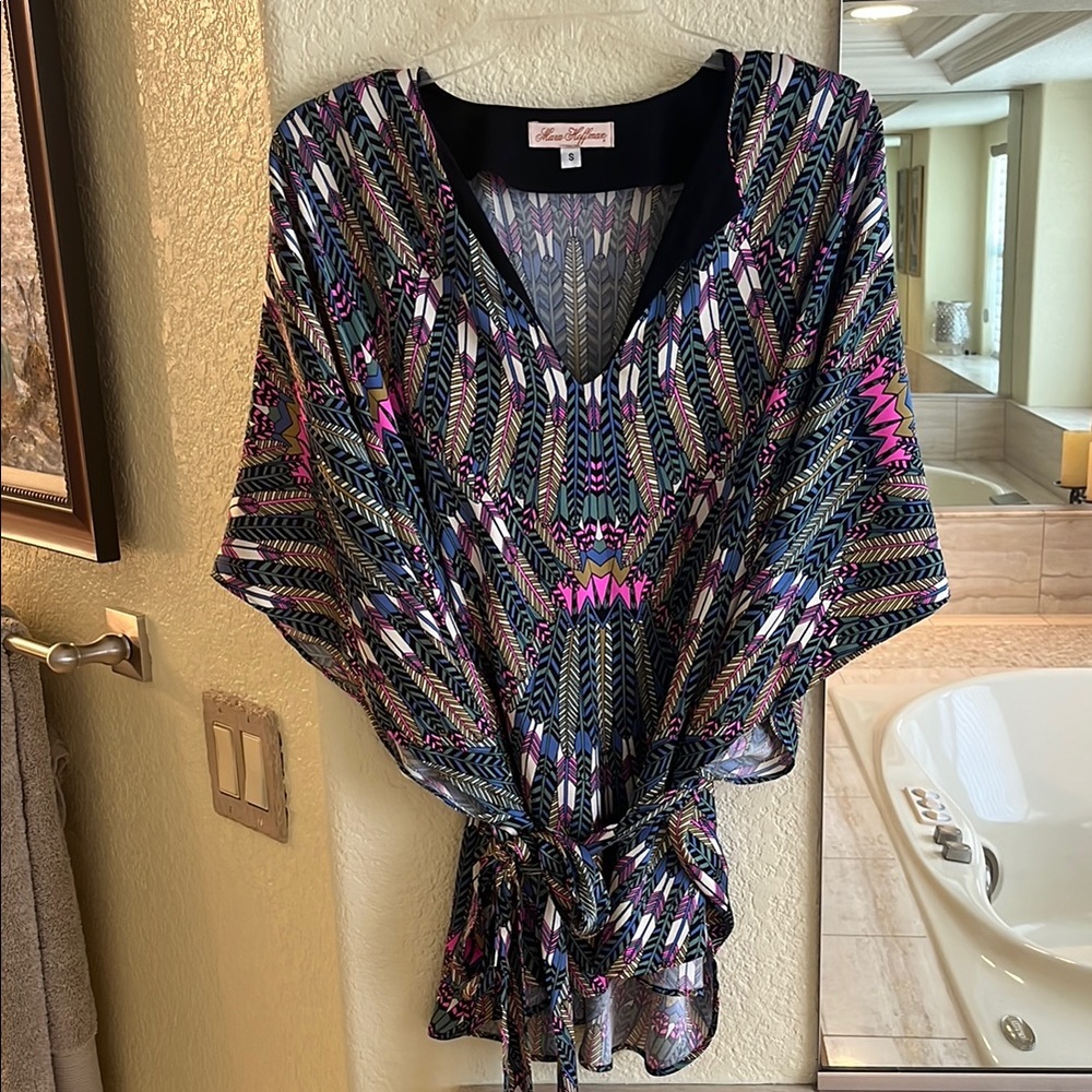 Mara Hoffman Pink and Blue Dolman silk Sleeve Blouse with belt